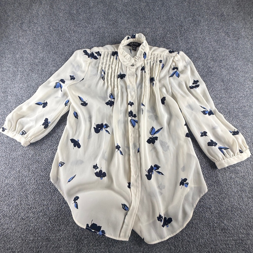 Lauren Ralph Lauren Cream Navy Blue Floral Pintuck Ruffle Blouse XS 1191